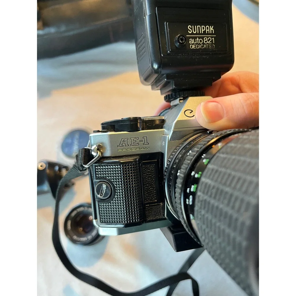 Canon AE-1 Program 35mm SLR Film‎ Camera Bundle with 50mm Lens Flash and Bag